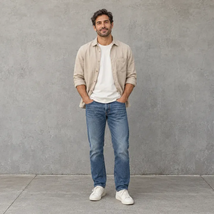 Foto ilustrativa: homem de camisa clara aberta, camiseta branca e jeans.