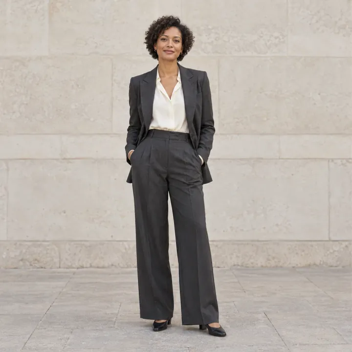 Foto ilustrativa: mulher de terno cinza-escuro e camisa clara diante de uma parede de pedra.
