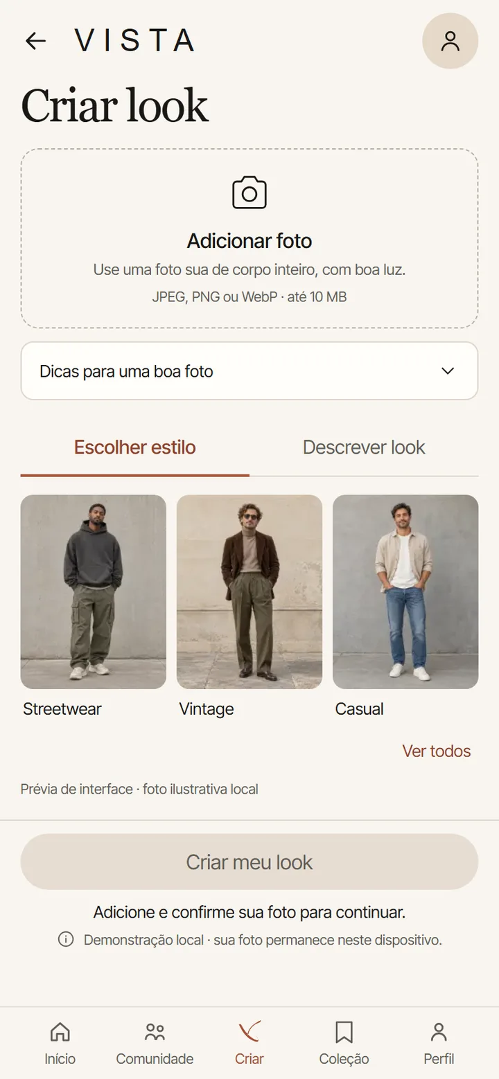 Tela Criar look: espaço para adicionar a sua foto e abas Escolher estilo e Descrever look, com as direções Streetwear, Vintage e Casual.