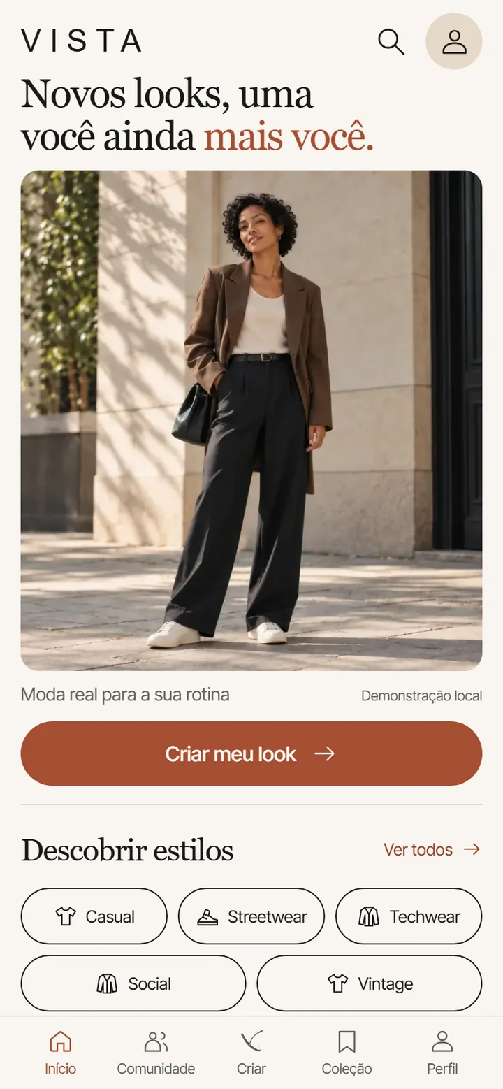 Tela Início: título Novos looks, uma você ainda mais você, foto ilustrativa de uma mulher de blazer marrom e o botão Criar meu look.